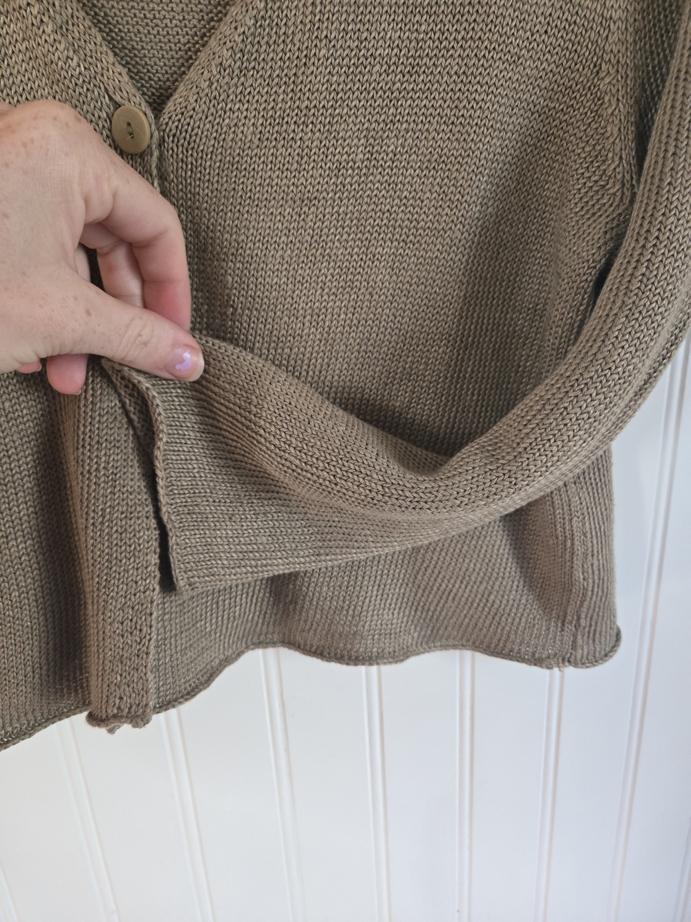 Eileen Fisher Linen Knit Taupe V-Neck Button Front Cropped Sweater - Picture 6 of 9